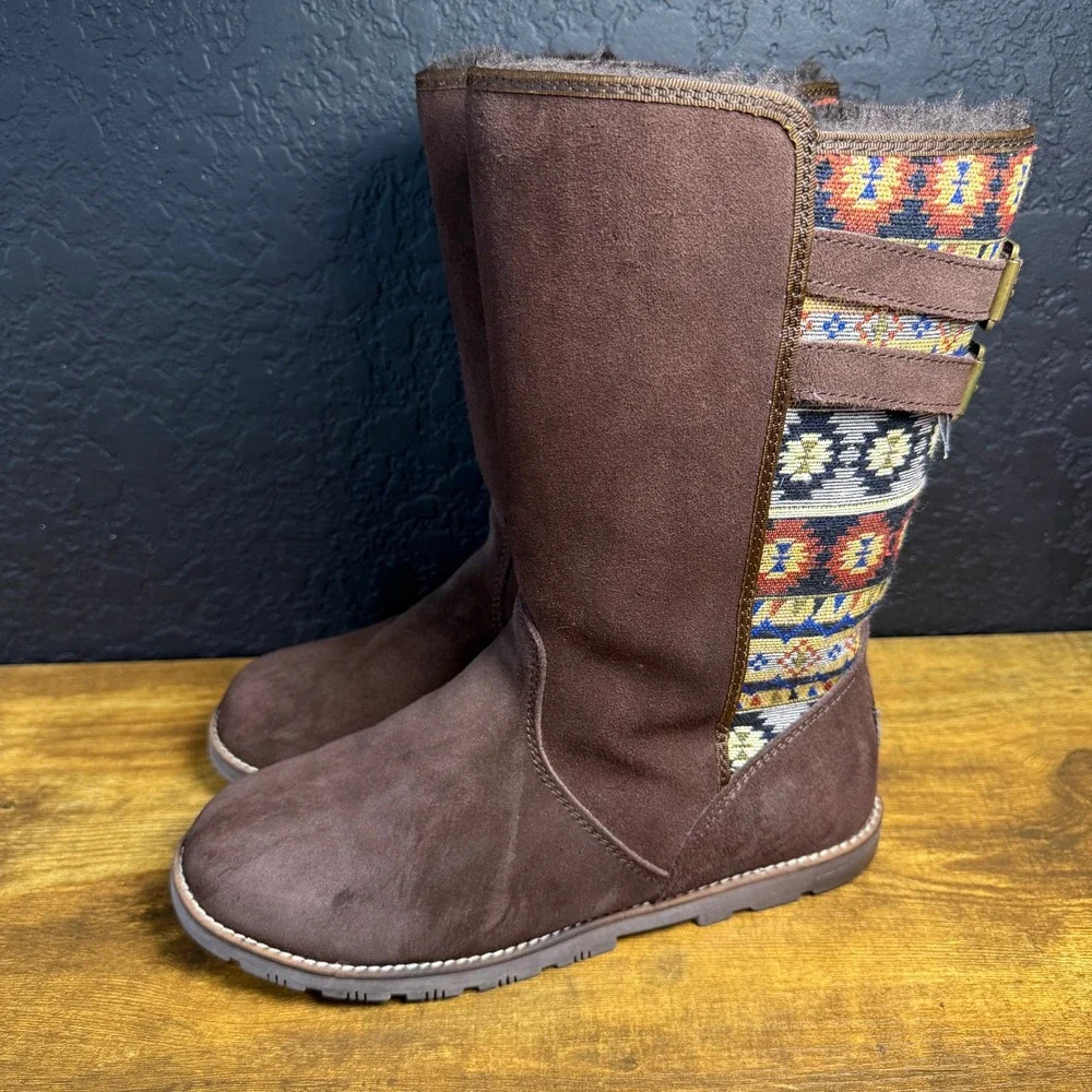 Lamo Tribal Pattern Suede Textile Mid-Calf Boot Womens Size 10‎ Brown